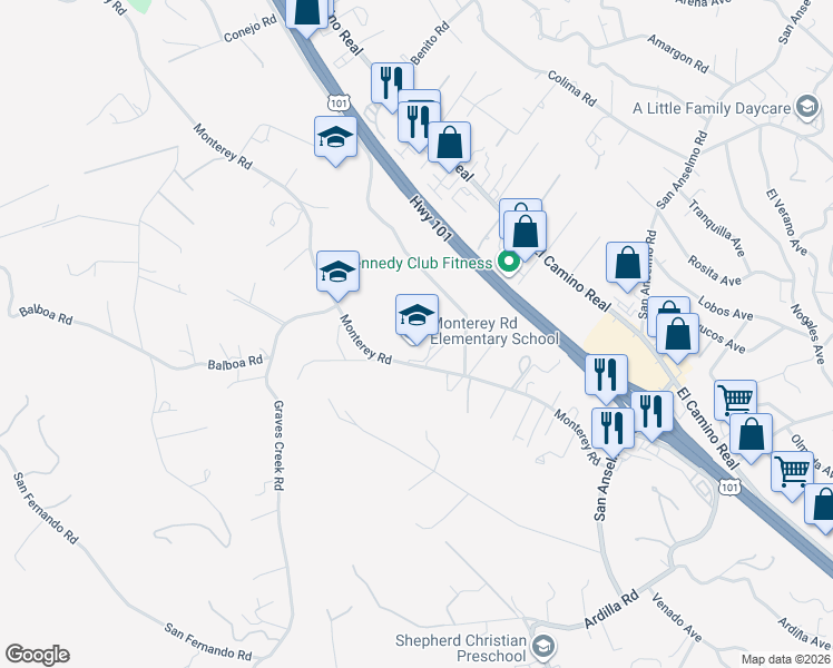 map of restaurants, bars, coffee shops, grocery stores, and more near 3355 Monterey Road in Atascadero