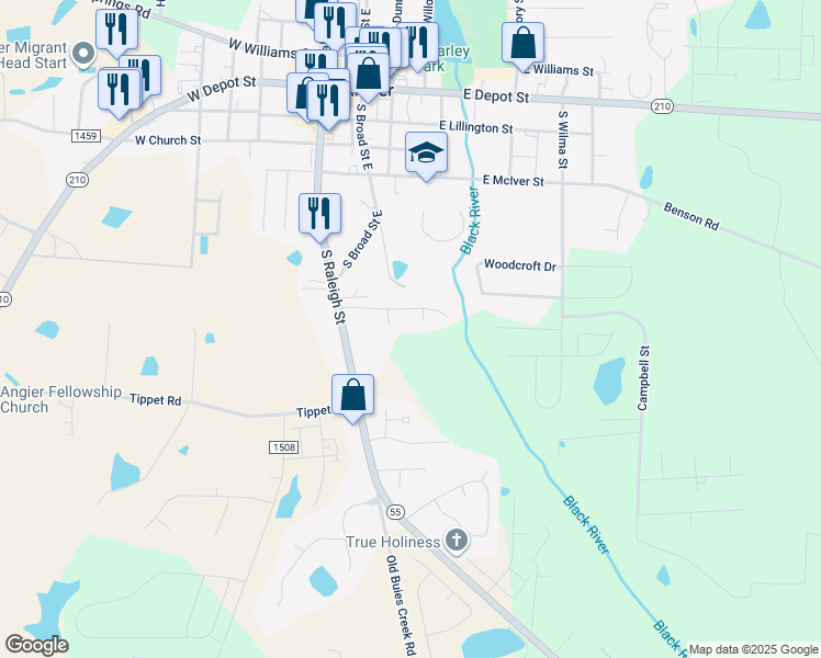 map of restaurants, bars, coffee shops, grocery stores, and more near 26 Silver Place in Angier