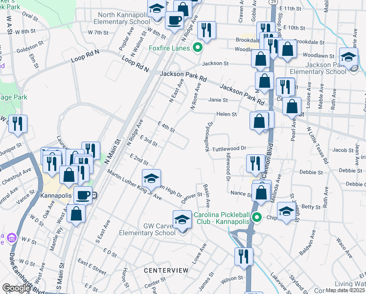 map of restaurants, bars, coffee shops, grocery stores, and more near 411 East 3rd Street in Kannapolis