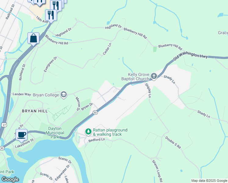 map of restaurants, bars, coffee shops, grocery stores, and more near 1520 Old Washington Hwy in Dayton