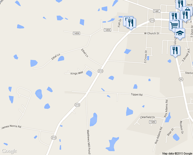 map of restaurants, bars, coffee shops, grocery stores, and more near 8043 Highway 210 in Angier