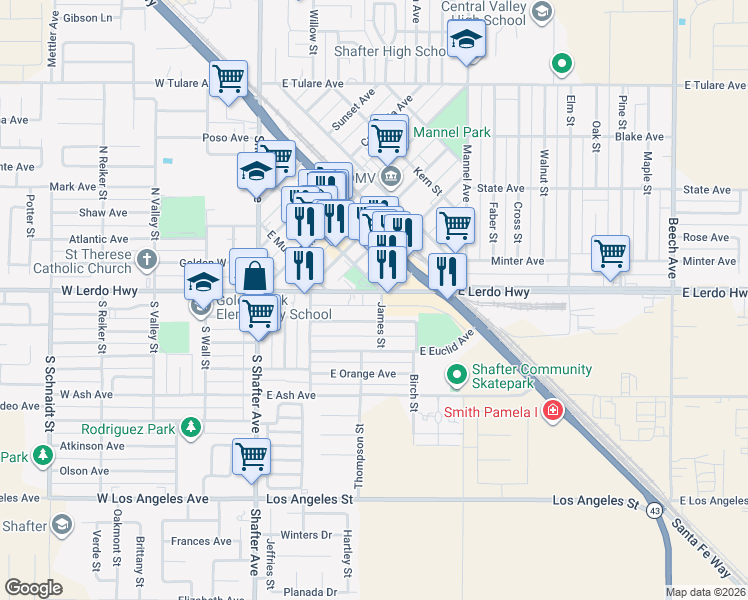 map of restaurants, bars, coffee shops, grocery stores, and more near 295 East Lerdo Highway in Shafter