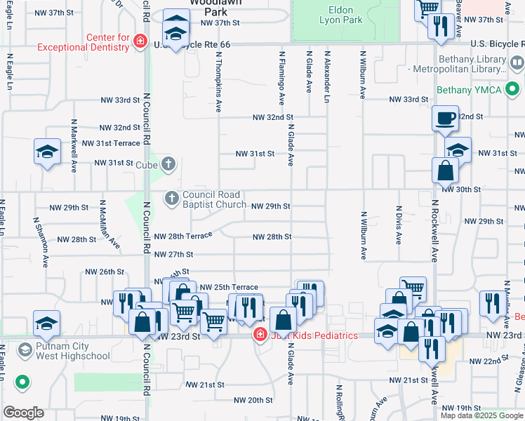 map of restaurants, bars, coffee shops, grocery stores, and more near 7524 Northwest 28th Terrace in Bethany