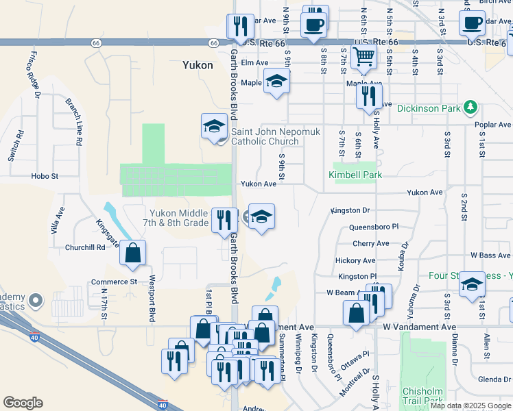 map of restaurants, bars, coffee shops, grocery stores, and more near 1000 Yukon Avenue in Yukon