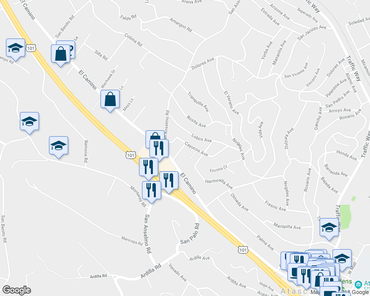 map of restaurants, bars, coffee shops, grocery stores, and more near 4320 Valdez Avenue in Atascadero