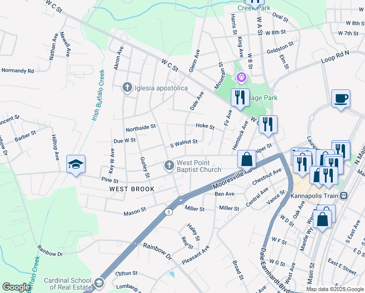 map of restaurants, bars, coffee shops, grocery stores, and more near North Walnut Street in Kannapolis