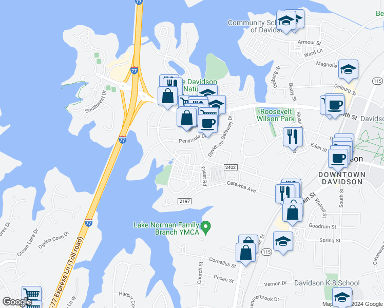 map of restaurants, bars, coffee shops, grocery stores, and more near 652 Old Meeting Way in Davidson