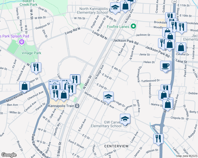 map of restaurants, bars, coffee shops, grocery stores, and more near 205 North East Avenue in Kannapolis