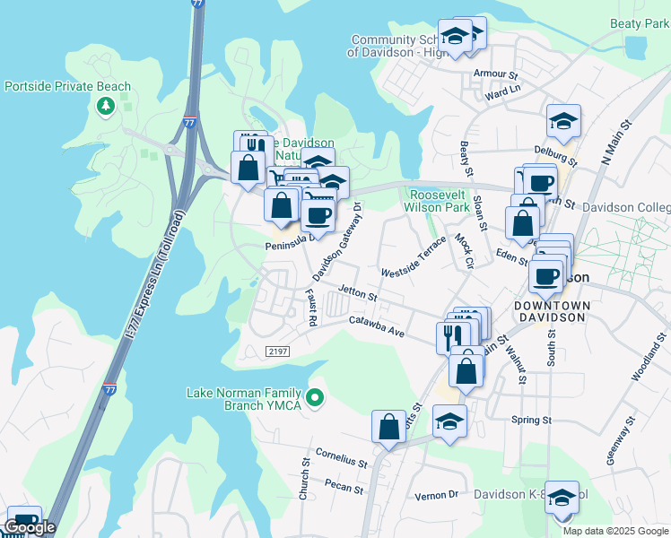 map of restaurants, bars, coffee shops, grocery stores, and more near 909 Central Park Circle in Davidson