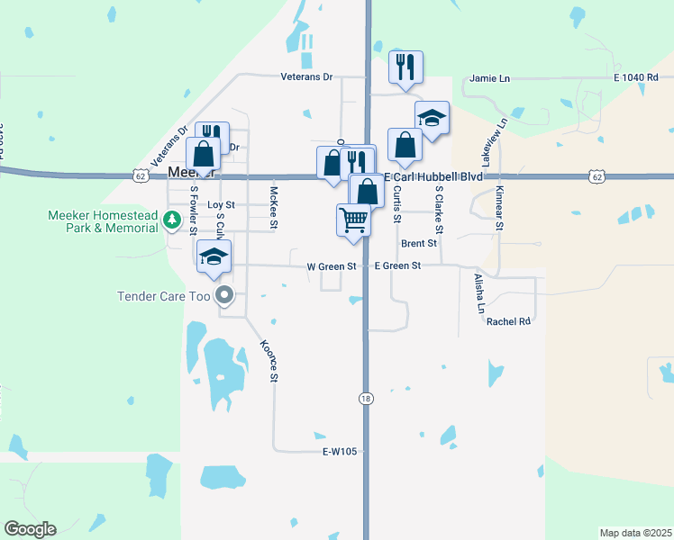 map of restaurants, bars, coffee shops, grocery stores, and more near 405 South Dawson Street in Meeker