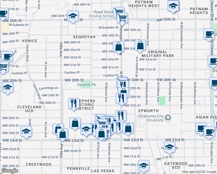 map of restaurants, bars, coffee shops, grocery stores, and more near 2140 Northwest 29th Street in Oklahoma City