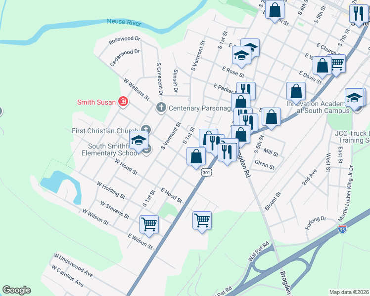map of restaurants, bars, coffee shops, grocery stores, and more near 909 South 1st Street in Smithfield