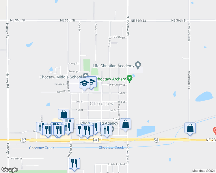 map of restaurants, bars, coffee shops, grocery stores, and more near 2995 Clarke Street in Choctaw