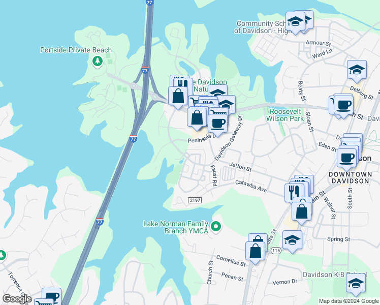 map of restaurants, bars, coffee shops, grocery stores, and more near in Davidson