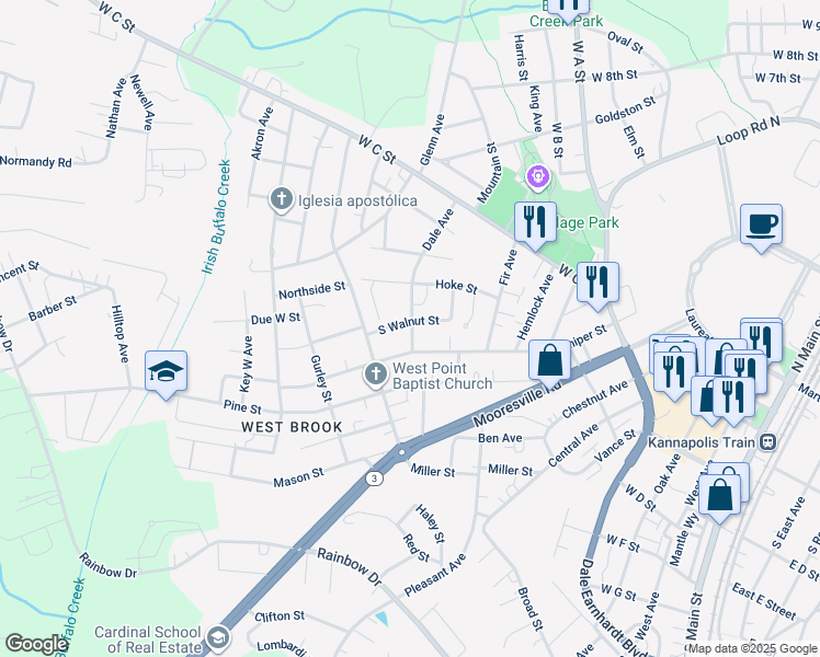 map of restaurants, bars, coffee shops, grocery stores, and more near 1001 South Walnut Street in Kannapolis