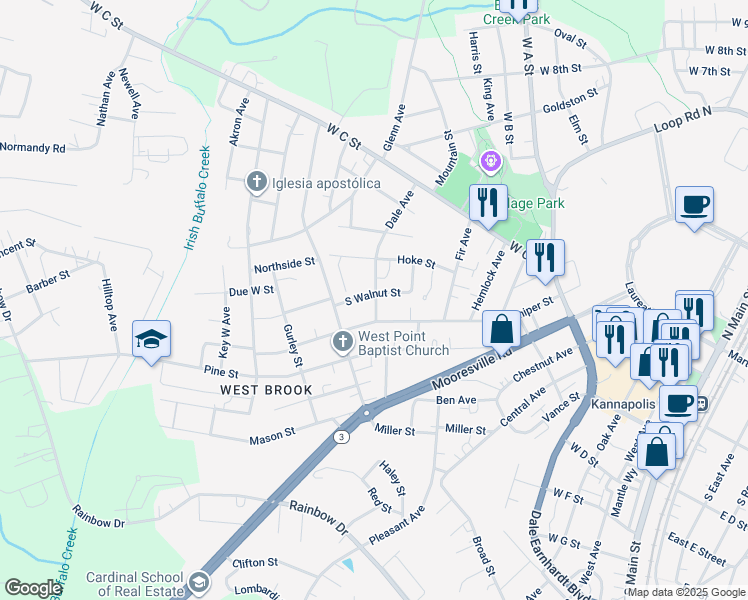 map of restaurants, bars, coffee shops, grocery stores, and more near 1001 South Walnut Street in Kannapolis