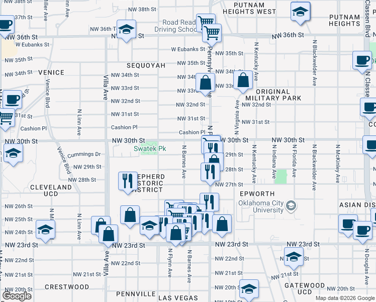 map of restaurants, bars, coffee shops, grocery stores, and more near 2140 Northwest 29th Street in Oklahoma City