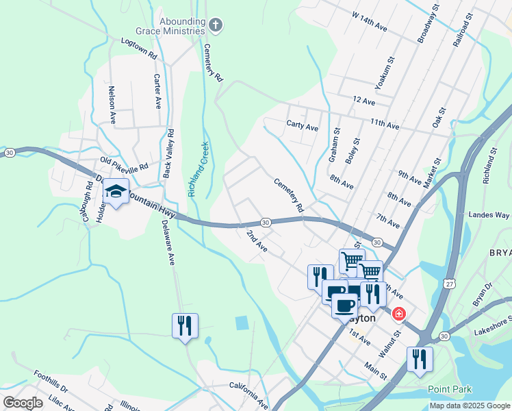 map of restaurants, bars, coffee shops, grocery stores, and more near 173 Housing Street in Dayton