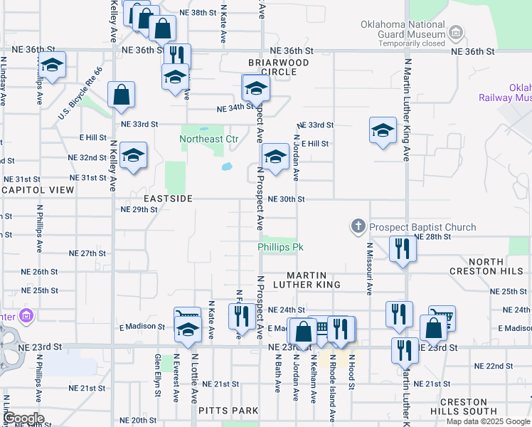 map of restaurants, bars, coffee shops, grocery stores, and more near 1505 Northeast 28th Street in Oklahoma City