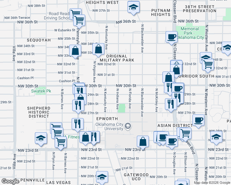 map of restaurants, bars, coffee shops, grocery stores, and more near 1732 Northwest 29th Street in Oklahoma City