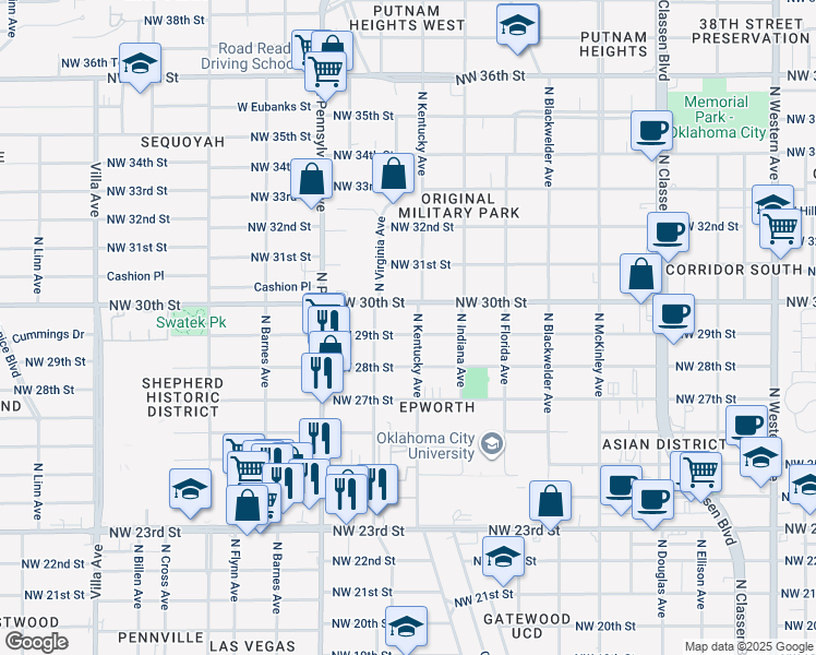 map of restaurants, bars, coffee shops, grocery stores, and more near 1920 Northwest 29th Street in Oklahoma City