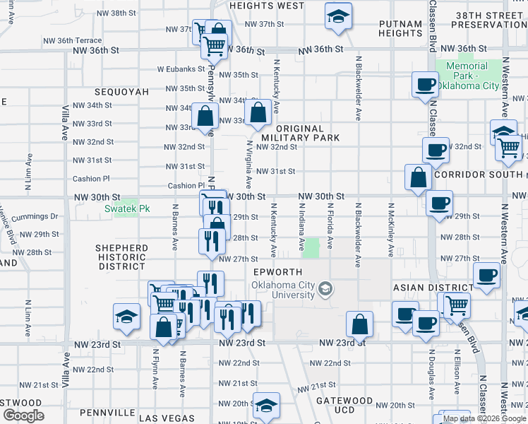 map of restaurants, bars, coffee shops, grocery stores, and more near 1920 Northwest 29th Street in Oklahoma City