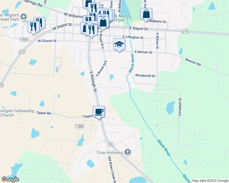map of restaurants, bars, coffee shops, grocery stores, and more near 26 Silver Place in Angier