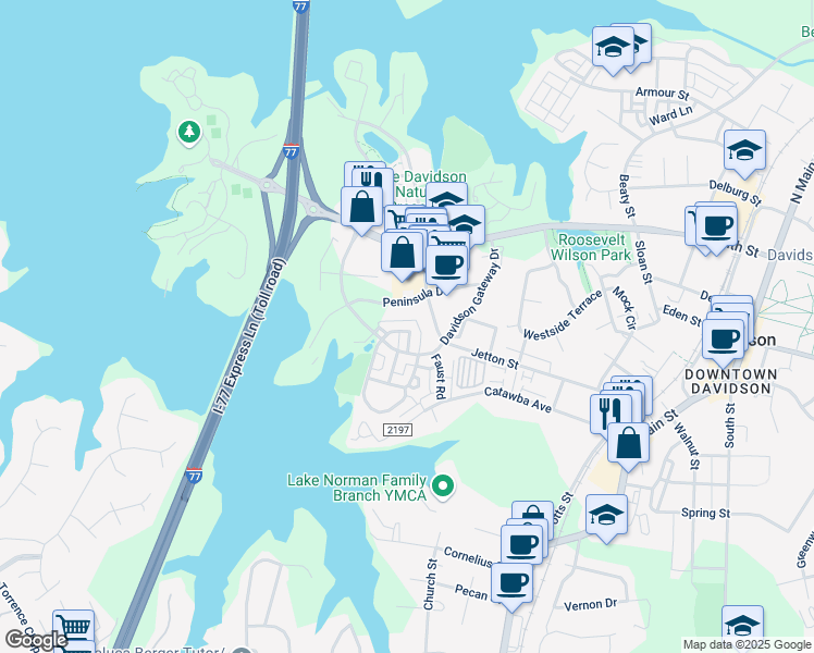 map of restaurants, bars, coffee shops, grocery stores, and more near 716 Old Meeting Way in Davidson