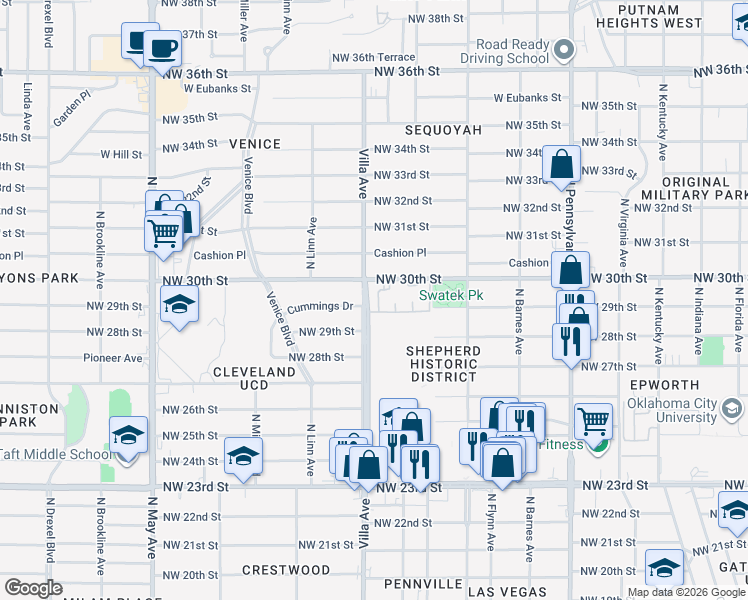 map of restaurants, bars, coffee shops, grocery stores, and more near 2400 Northwest 30th Street in Oklahoma City
