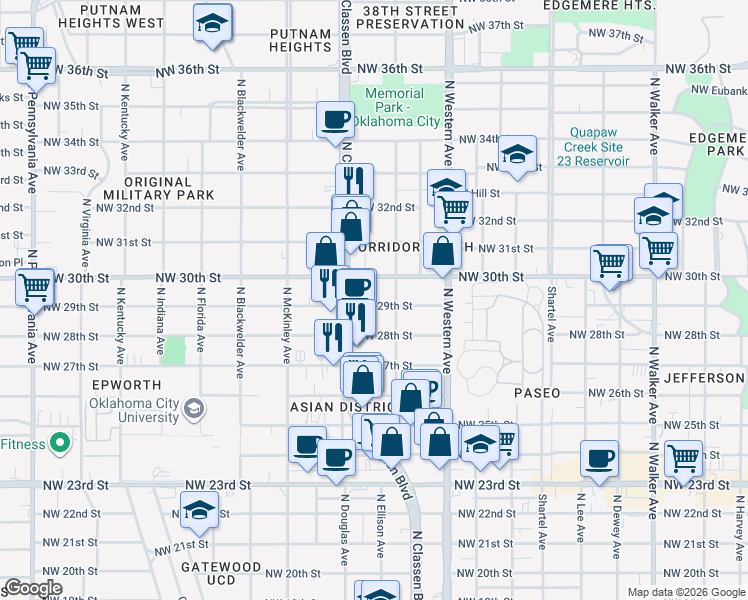 map of restaurants, bars, coffee shops, grocery stores, and more near 1216 Northwest 29th Street in Oklahoma City