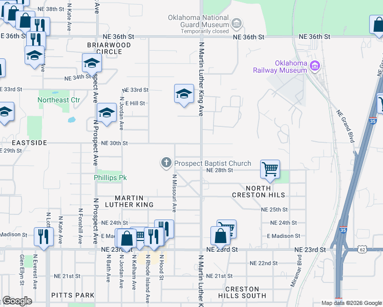 map of restaurants, bars, coffee shops, grocery stores, and more near 1929 Northeast 29th Street in Oklahoma City