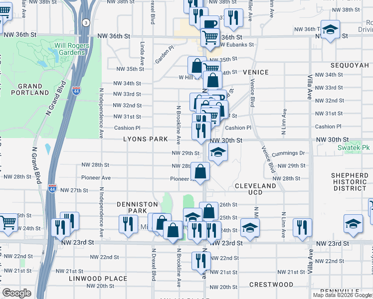 map of restaurants, bars, coffee shops, grocery stores, and more near 2941 Northwest 28th Street in Oklahoma City