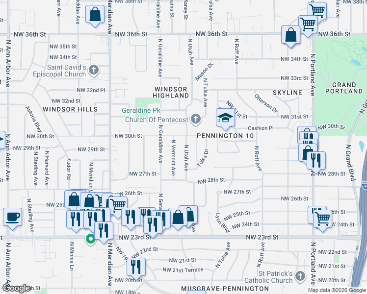 map of restaurants, bars, coffee shops, grocery stores, and more near 4200 Northwest 30th Street in Oklahoma City