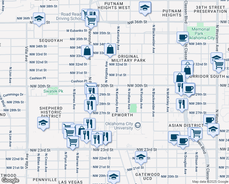 map of restaurants, bars, coffee shops, grocery stores, and more near 1828 Northwest 30th Street in Oklahoma City