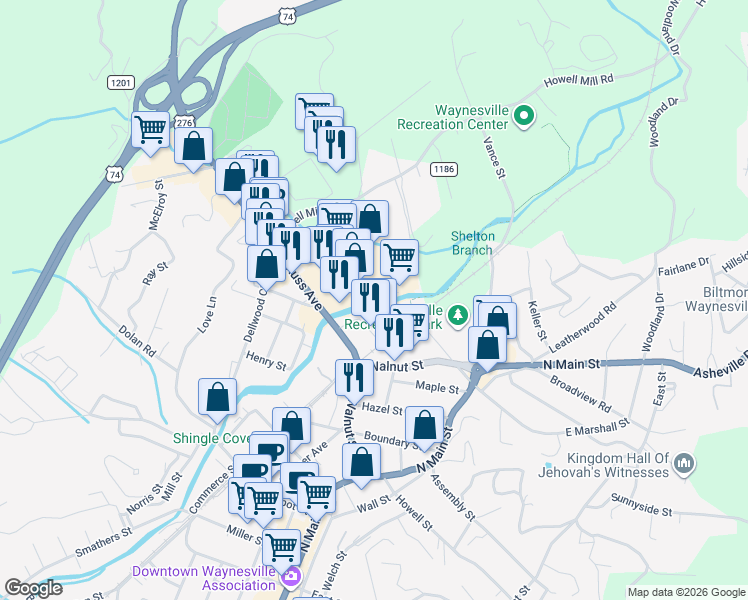 map of restaurants, bars, coffee shops, grocery stores, and more near 176 Waynesville Plaza in Waynesville