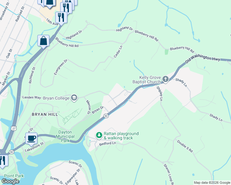 map of restaurants, bars, coffee shops, grocery stores, and more near 195 Deer Ridge Drive in Dayton