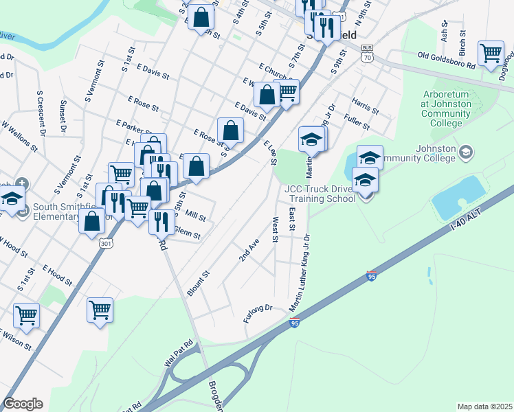 map of restaurants, bars, coffee shops, grocery stores, and more near 714 Blount Street in Smithfield