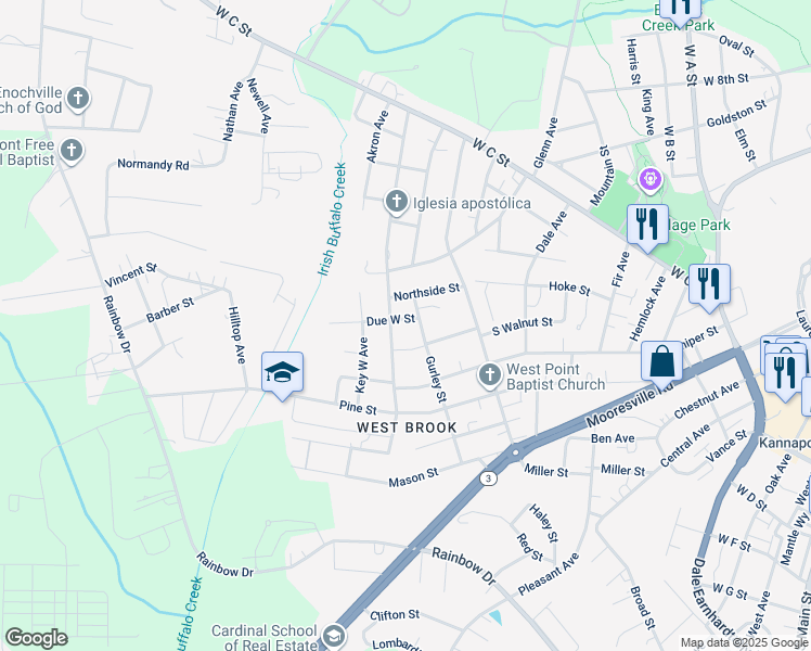 map of restaurants, bars, coffee shops, grocery stores, and more near 1201 Due West Street in Kannapolis