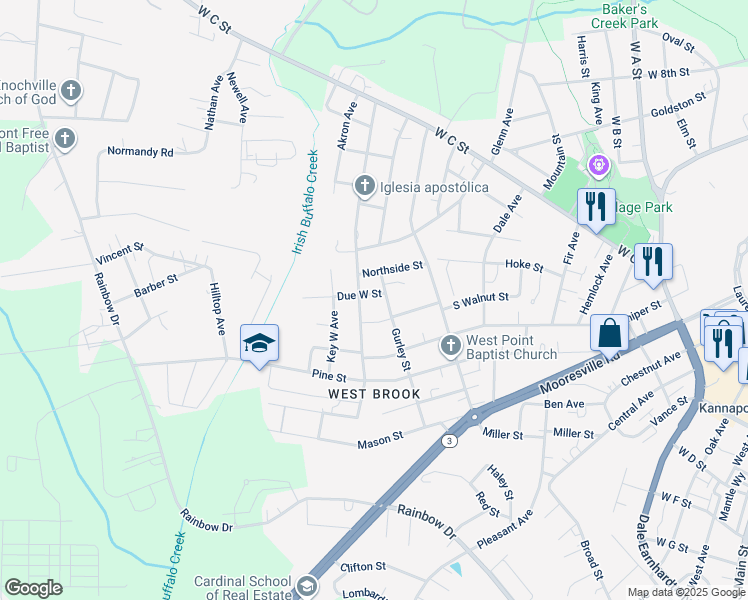 map of restaurants, bars, coffee shops, grocery stores, and more near 1201 Due West Street in Kannapolis