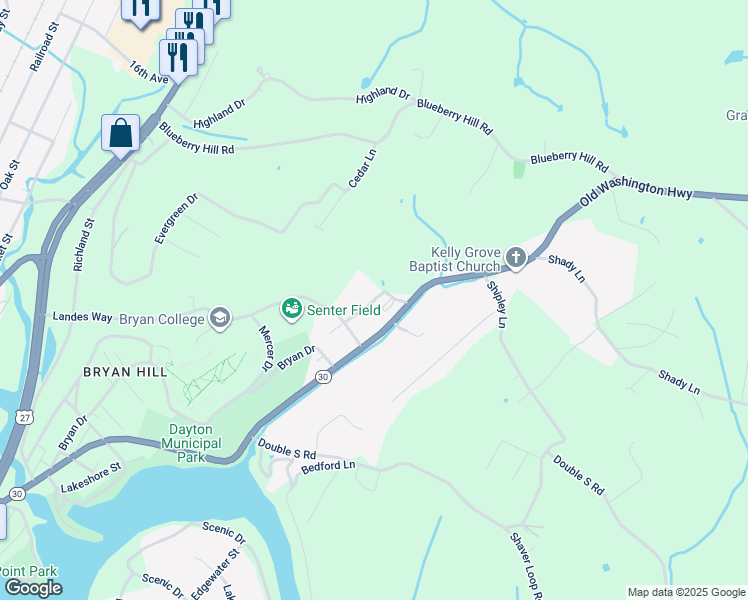 map of restaurants, bars, coffee shops, grocery stores, and more near 195 Deer Ridge Drive in Dayton