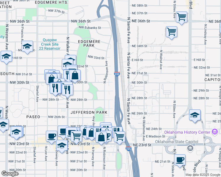 map of restaurants, bars, coffee shops, grocery stores, and more near 124 Northwest 30th Street in Oklahoma City