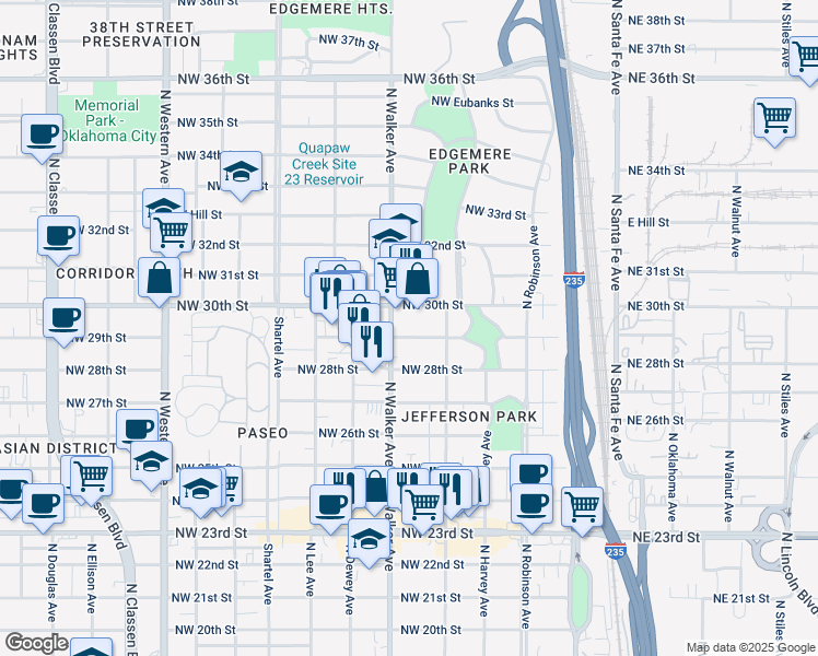 map of restaurants, bars, coffee shops, grocery stores, and more near 3020 North Walker Avenue in Oklahoma City