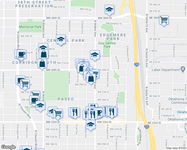 map of restaurants, bars, coffee shops, grocery stores, and more near 3020 North Walker Avenue in Oklahoma City
