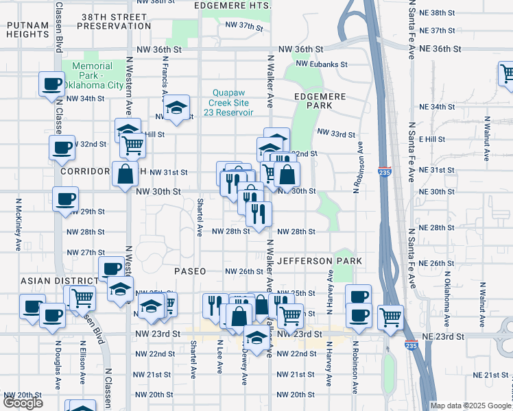 map of restaurants, bars, coffee shops, grocery stores, and more near 526 Northwest 30th Street in Oklahoma City