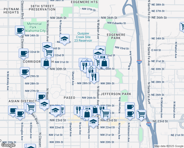 map of restaurants, bars, coffee shops, grocery stores, and more near 526 Northwest 30th Street in Oklahoma City