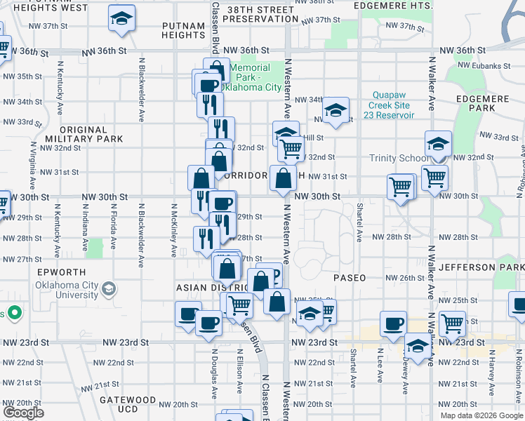 map of restaurants, bars, coffee shops, grocery stores, and more near 1134 Northwest 30th Street in Oklahoma City