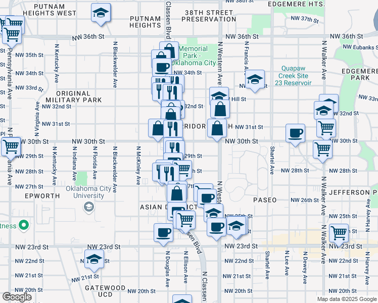 map of restaurants, bars, coffee shops, grocery stores, and more near 1218 Northwest 30th Street in Oklahoma City
