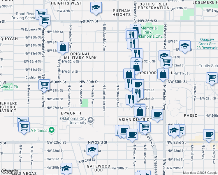 map of restaurants, bars, coffee shops, grocery stores, and more near 1512 Northwest 30th Street in Oklahoma City