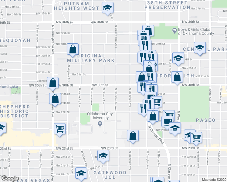 map of restaurants, bars, coffee shops, grocery stores, and more near 1600 Northwest 30th Street in Oklahoma City