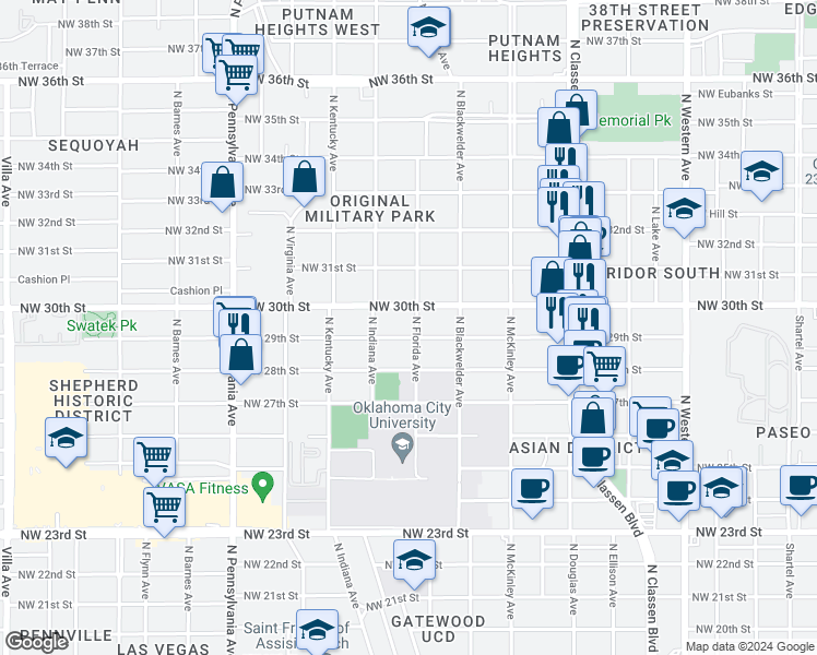 map of restaurants, bars, coffee shops, grocery stores, and more near 1632 Northwest 30th Street in Oklahoma City